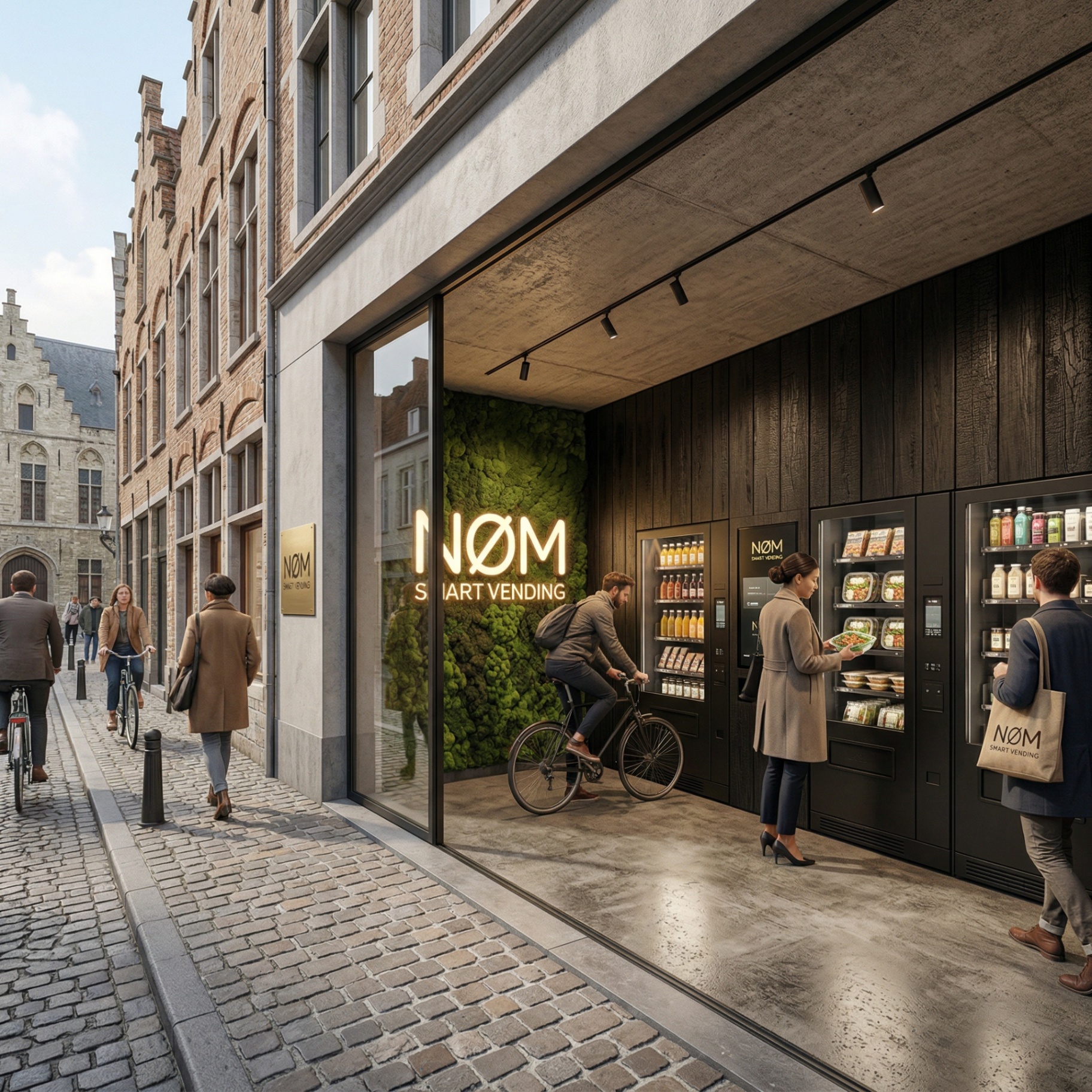NØM vending installation combining timber, moss, and black retail fixtures in a premium urban setting.