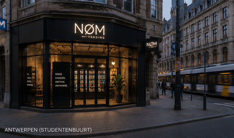 NØM vending corner store concept in a dense urban mobility-focused location.