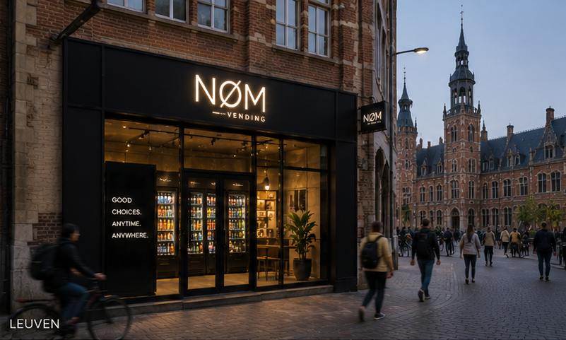 NØM vending location positioned beside a residential-style urban environment at dusk.
